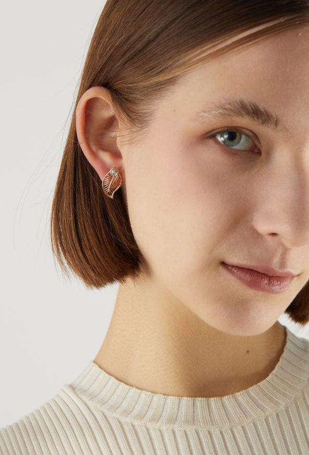 Vintage Fine Jewelry 18K Rose Gold Leaf Diamond Earrings - 2