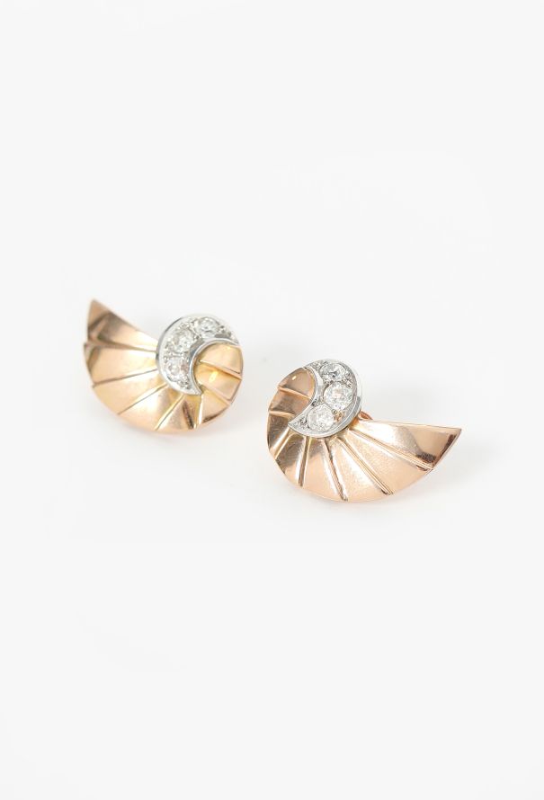 Vintage Fine Jewelry Vintage 18K Rose Gold & Diamond Shell Earrings - 3