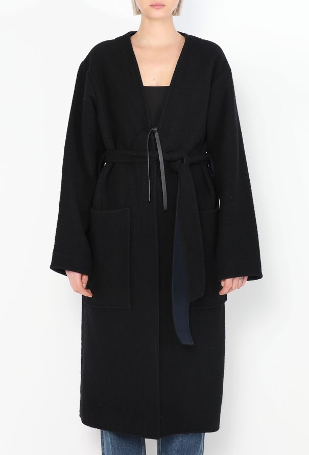 Céline Navy Belted Collarless Coat - 3 Céline Navy Belted Collarless Coat - 3
