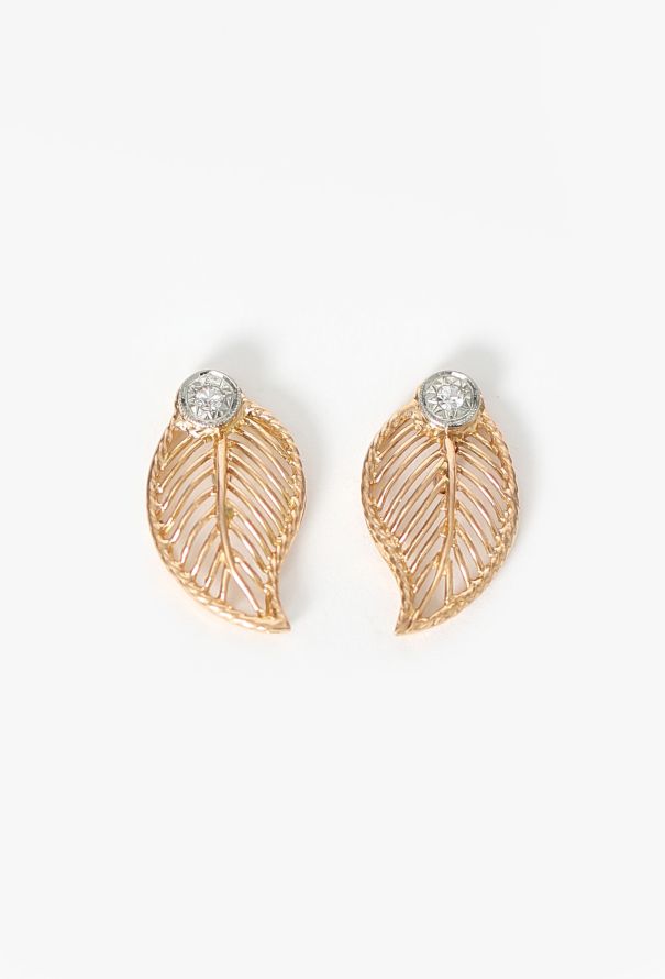 Vintage Fine Jewelry 18K Rose Gold Leaf Diamond Earrings - 1