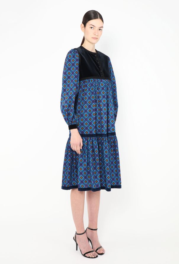 Saint Laurent Collector F/W 1977 Checkered Velvet Russian Dress Blue - 4 Saint Laurent Collector F/W 1977 Checkered Velvet Russian Dress Blue - 4