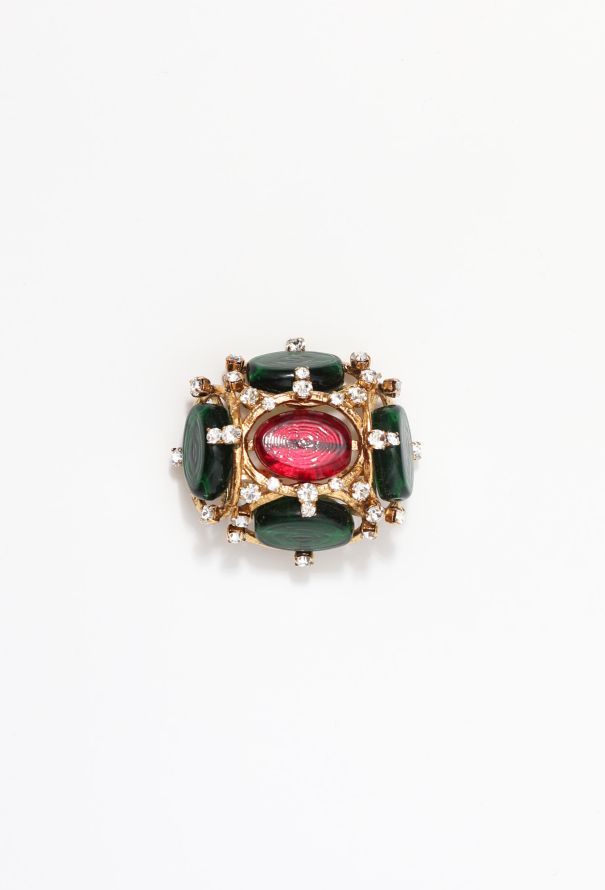 Chanel Logo Gripoix Brooch Color Stone Red x Green x Gold 4.3 cm Made in  France