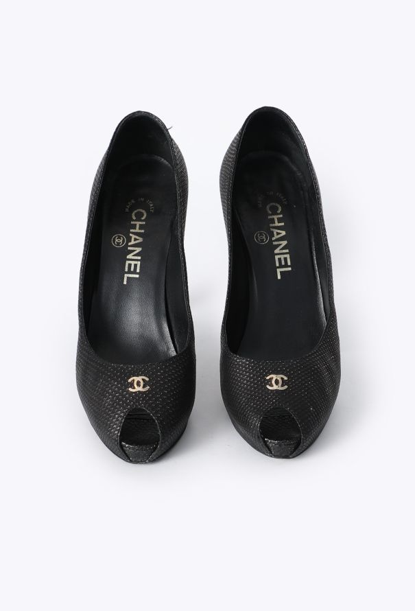 Chanel Metallic Embossed Peep-Toe Pumps - 2