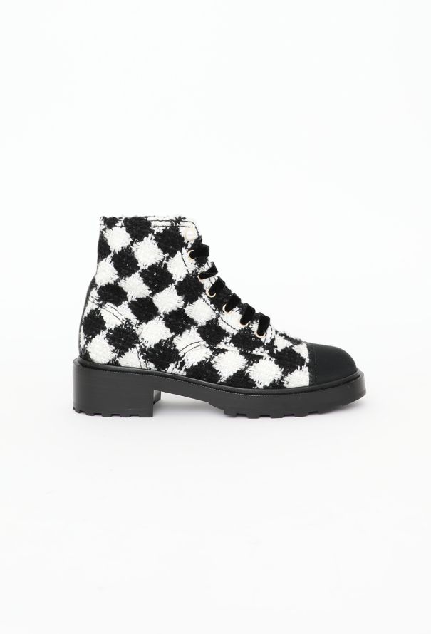 Chanel 2021 Grosgrain Tweed CC Boots White