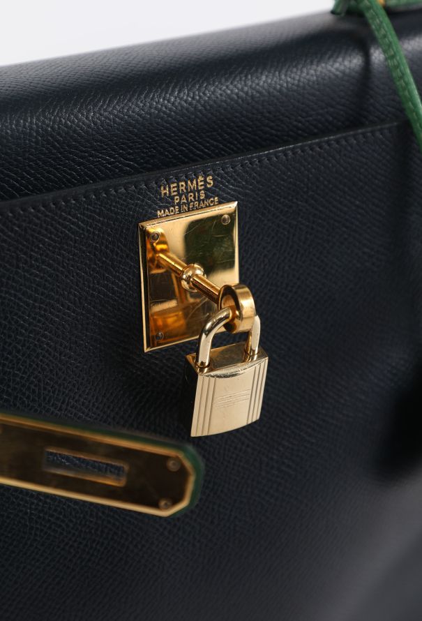 Hermès '90s Bleu Marine/Vert Bengale Courchevel Kelly 28 Retourné - 12