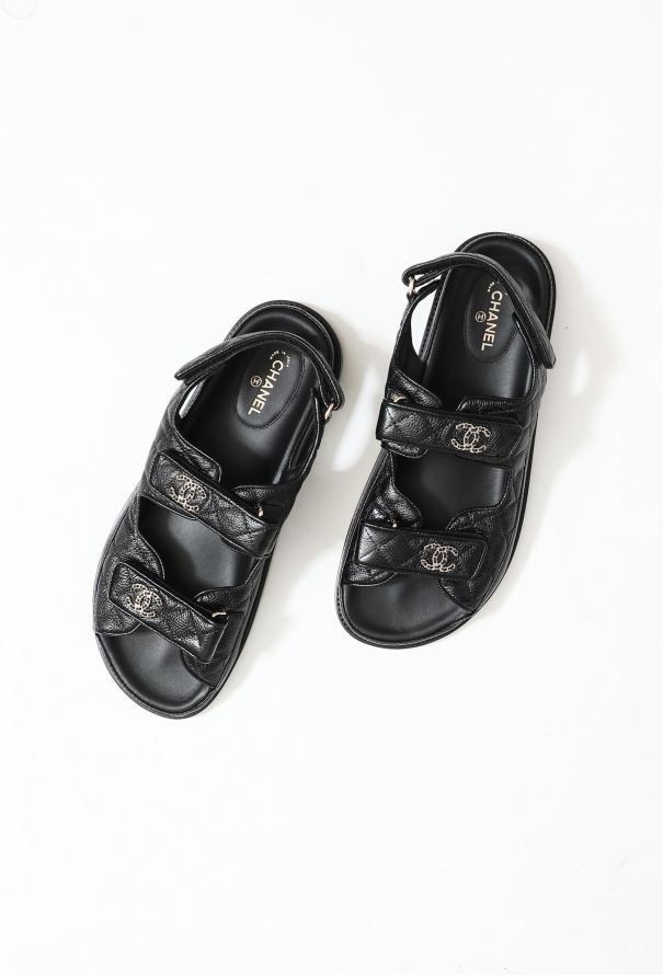 Chanel Shoes Dad Sandals Black Leather with So Black CC, Size 39.5, New in  Box GA001