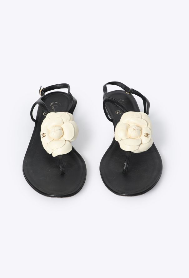 Chanel Camélia T-Strap Leather Sandals - 1