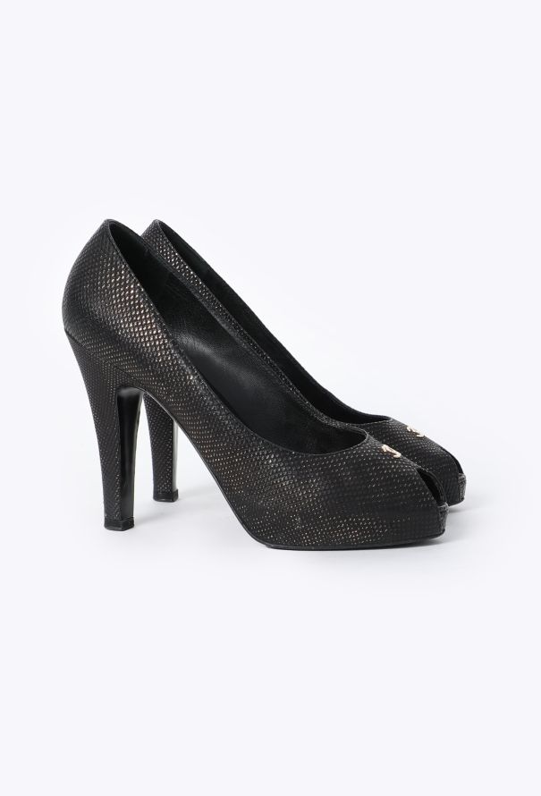 Chanel Metallic Embossed Peep-Toe Pumps - 3