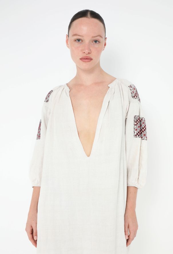 Embroidered Plunging Linen Kaftan - 2 Embroidered Plunging Linen Kaftan - 2