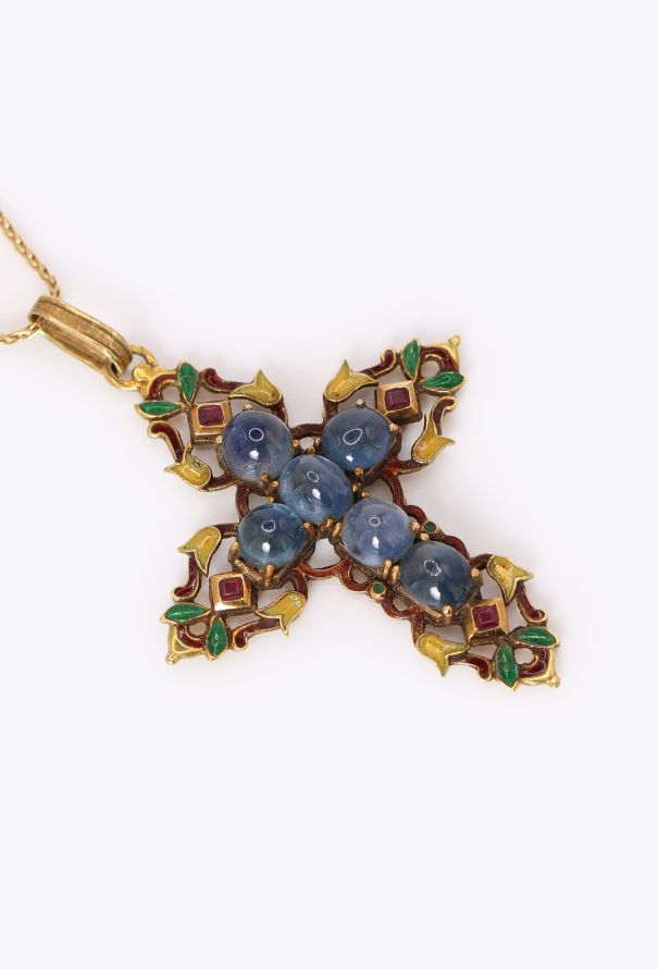 Vintage Fine Jewelry Antique 18k Yellow Gold, Enamel & Sapphire Cross Pendant - 3