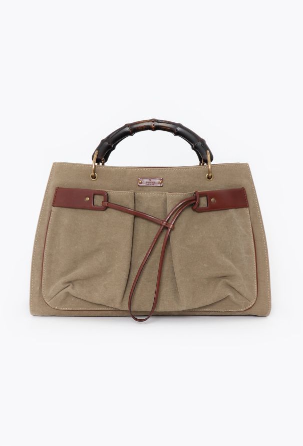 Gucci Khaki Canvas Bamboo Tote Bag - 1