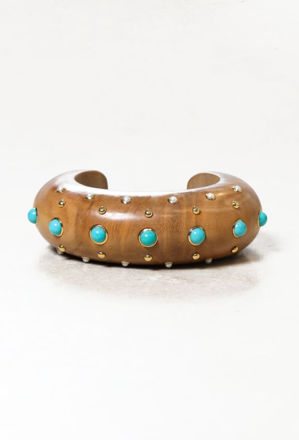 Vintage Fine Jewelry Trianon 18k Gold, Wood, Pearl & Turquoise Bangle - 1