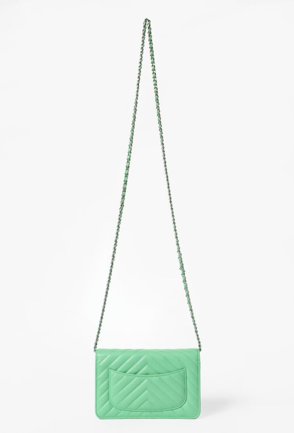 Chanel Green Caviar Chevron Wallet On Chain Bag - 5