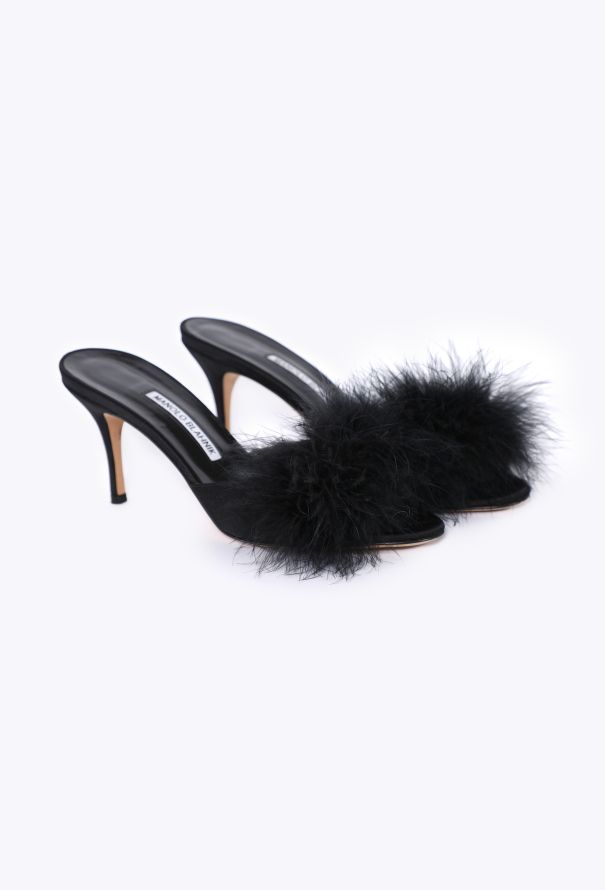 Manolo Blahnik Lima Satin Feather Mules - 3