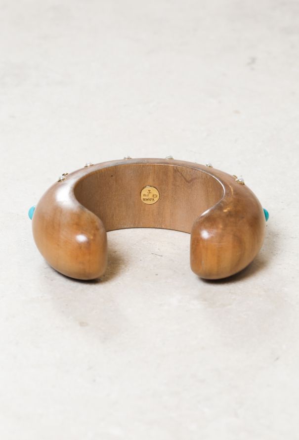 Vintage Fine Jewelry Trianon 18k Gold, Wood, Pearl & Turquoise Bangle - 3