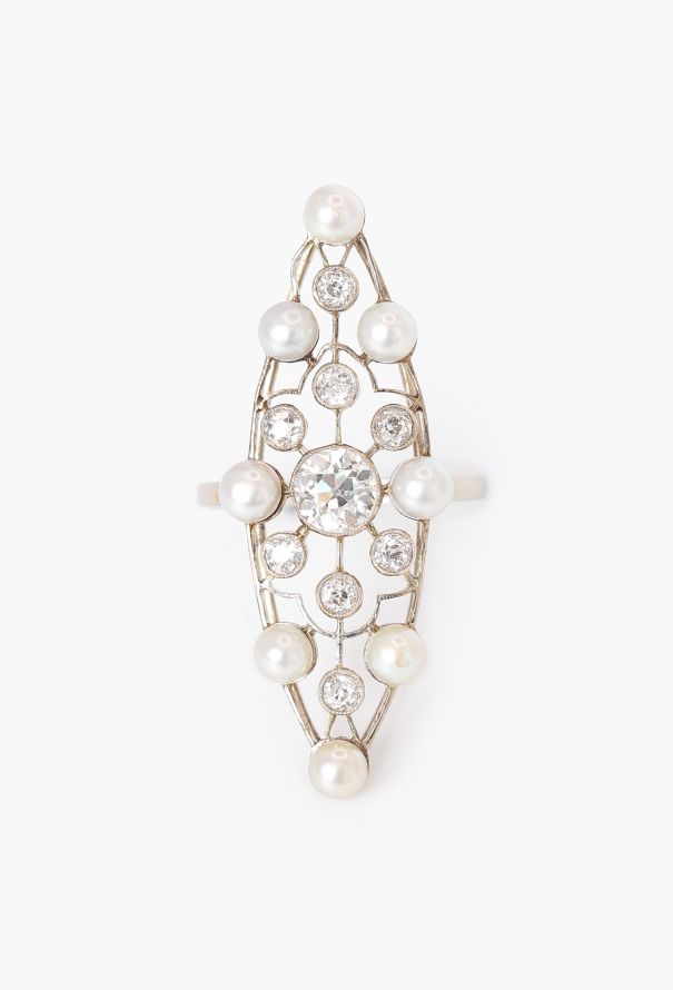 Vintage Fine Jewelry 18k White Gold, Pearl & Diamond Marquise Ring - 1