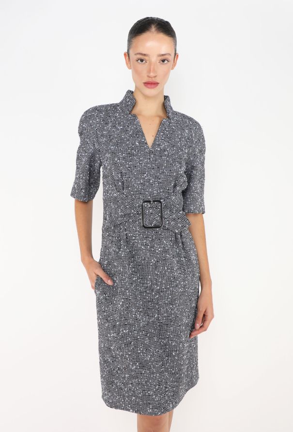 Chanel Tonal Belted 'CC' Bouclé Dress - 1