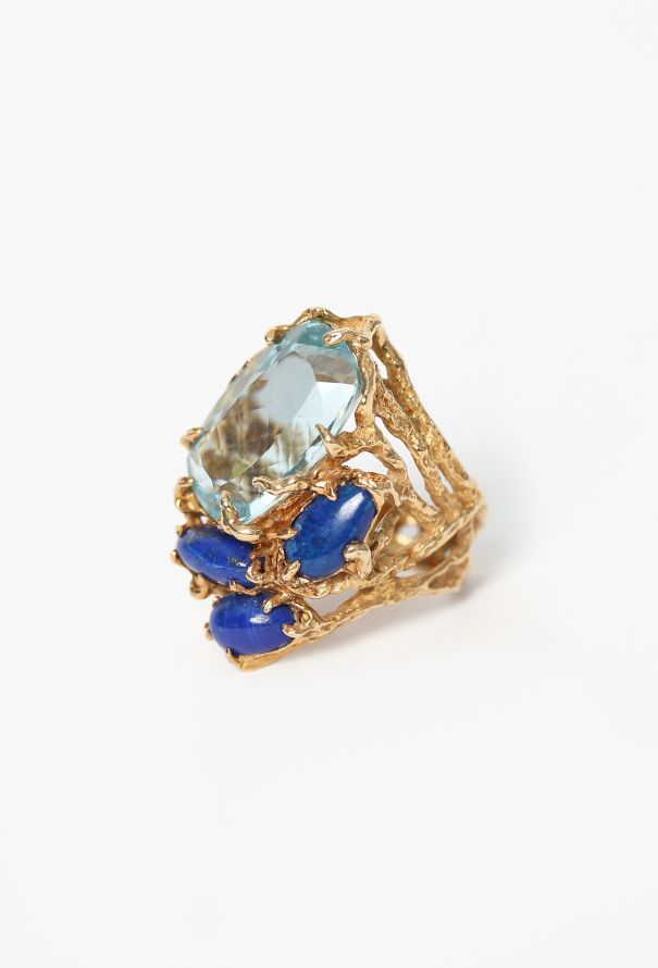 Vintage Fine Jewelry '70s Arthur King 18K Yellow Gold, Aquamarine & Lapis Lazuli Ring - 3