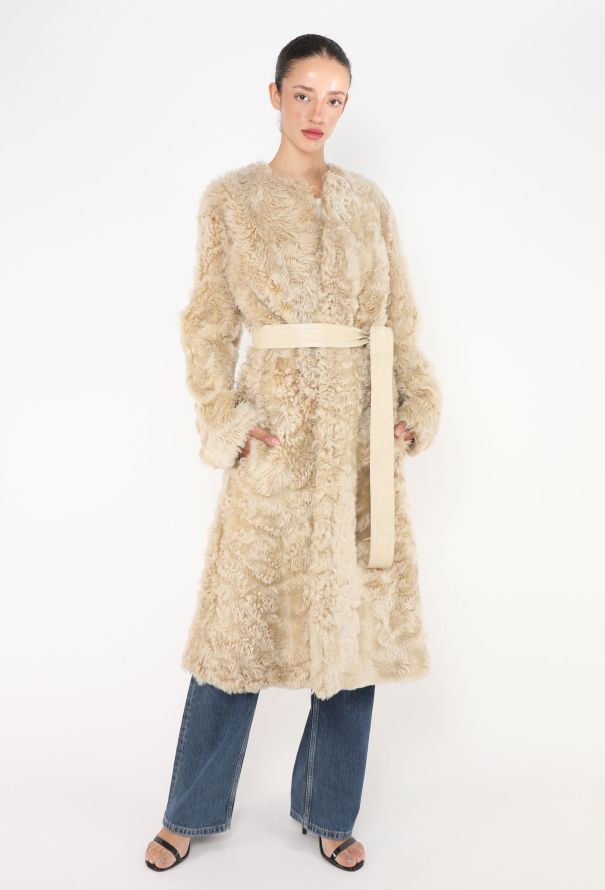 Céline Collarless Belted Shearling Coat - 1