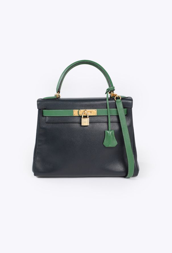 Hermès '90s Bleu Marine/Vert Bengale Courchevel Kelly 28 Retourné - 3