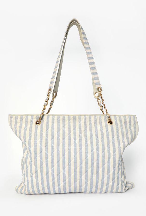 Chanel Vintage Quilted Striped Canvas Tote Bag - 4