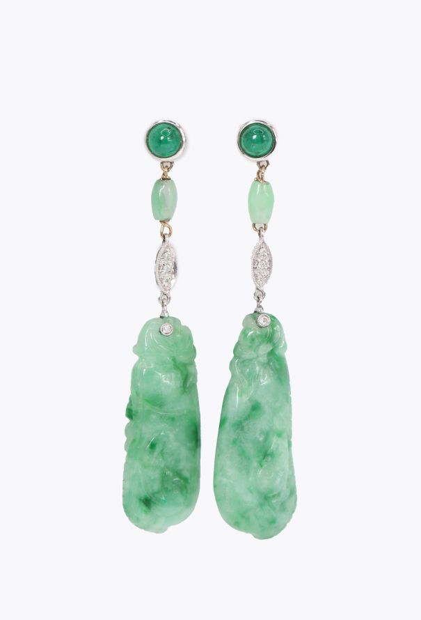 Vintage Fine Jewelry 18k White Gold, Emerald, Diamond & Jade Earrings - 1
