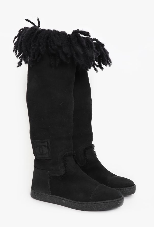 Chanel Suede Shearling 'CC' Knee Boots - 2