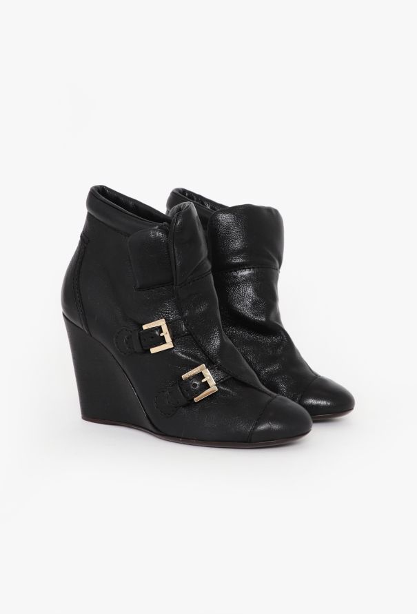 Chanel Leather Buckle Wedge Boots - 2
