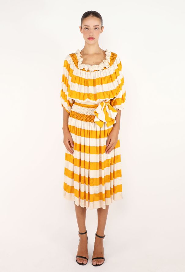 Nina Ricci Smocked Striped Silk Dress, 1970s - 3