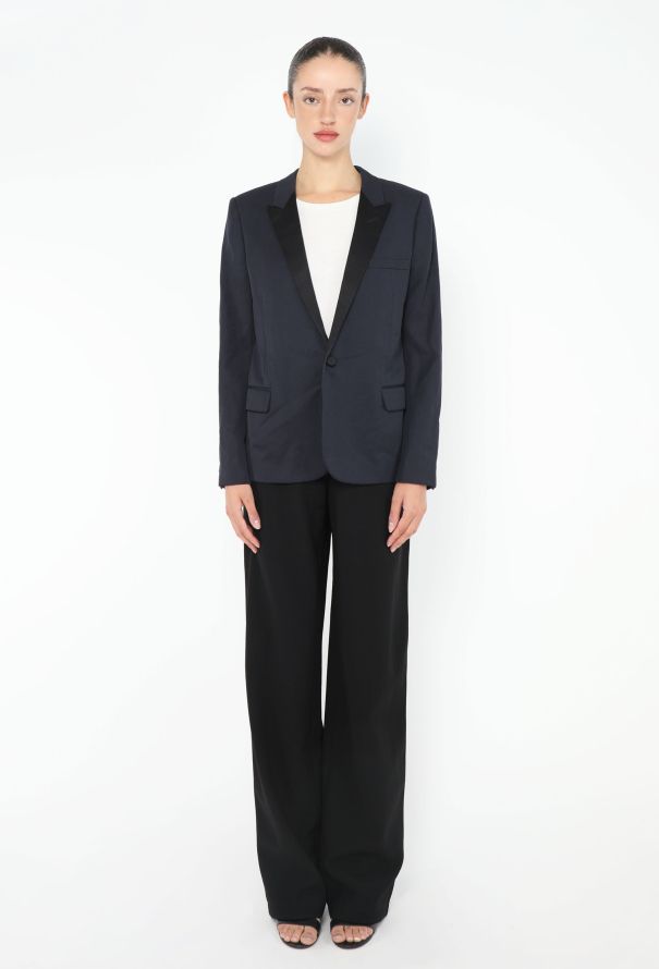 Saint Laurent 2016 Navy Silk Smoking Blazer - 1