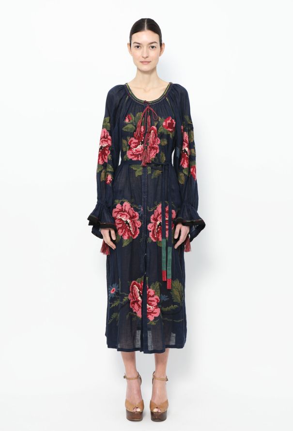 Vita Kin Rose Embroidered Linen Kaftan - 1