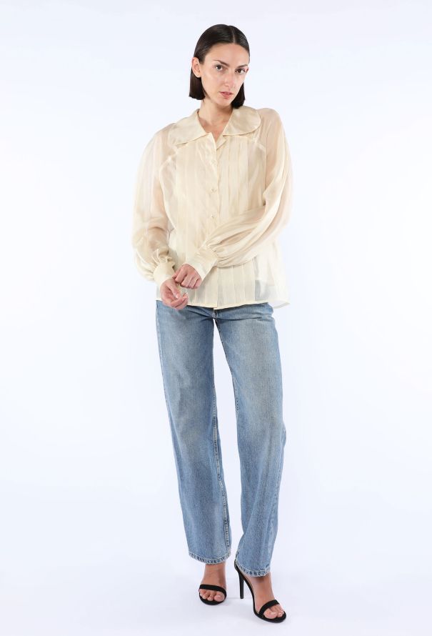 Chanel Silk Pleated Clover Button Blouse, 1980s - 4