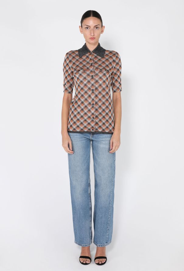 Miu Miu Lamé Plaid Knit Button-Up Top, S/S 2021 - 5