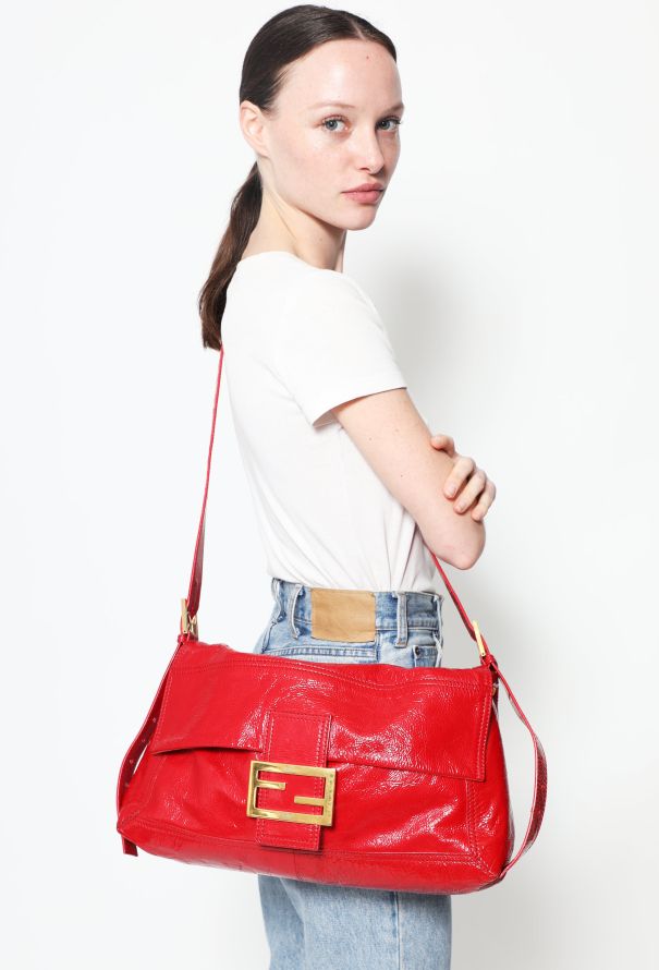 Fendi Red Crinkle Patent Leather Large Mamma Baguette Shoulder Bag