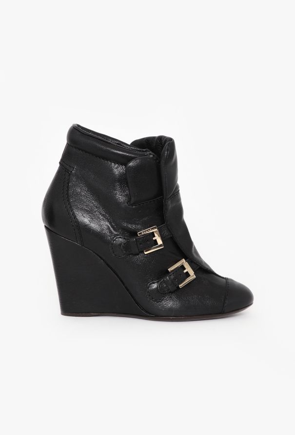 Chanel Leather Buckle Wedge Boots - 1