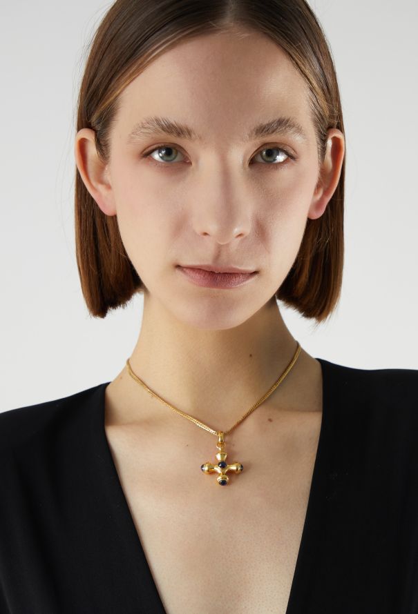 Vintage Fine Jewelry Vintage 18K Yellow Gold & Sapphire Cabochon Greek Cross Necklace - 4
