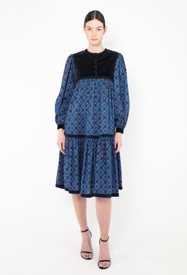 Saint Laurent Collector F/W 1977 Checkered Velvet Russian Dress Blue - 5 Saint Laurent Collector F/W 1977 Checkered Velvet Russian Dress Blue - 5