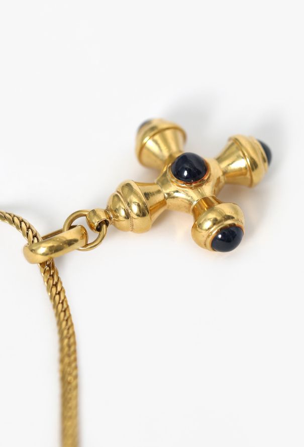 Vintage Fine Jewelry Vintage 18K Yellow Gold & Sapphire Cabochon Greek Cross Necklace - 3