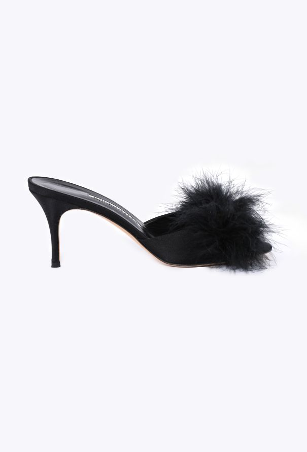 Manolo Blahnik Lima Satin Feather Mules - 1