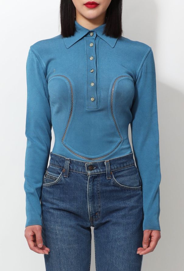 Alaïa Denim Shirt Bodysuit in Blue
