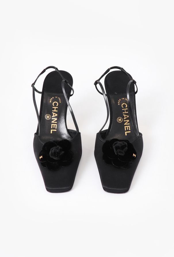 Chanel Velvet Camélia Satin Slingbacks - 3 Chanel Velvet Camélia Satin Slingbacks - 3