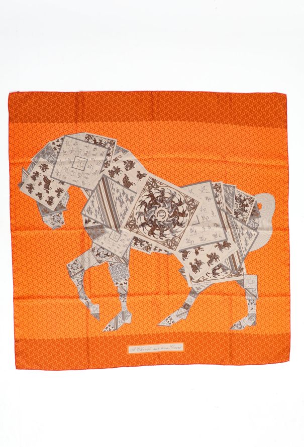 Horse printed Silk Head Scarf in Orange Trim