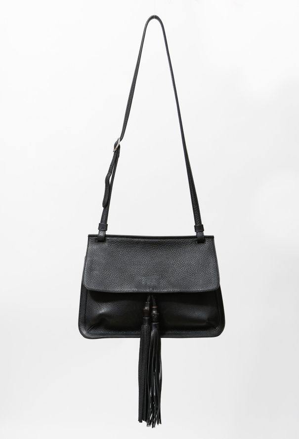 Gucci Bag Bamboo Daily Tassel Flap Shoulder Black Leather Crossbody Bag
