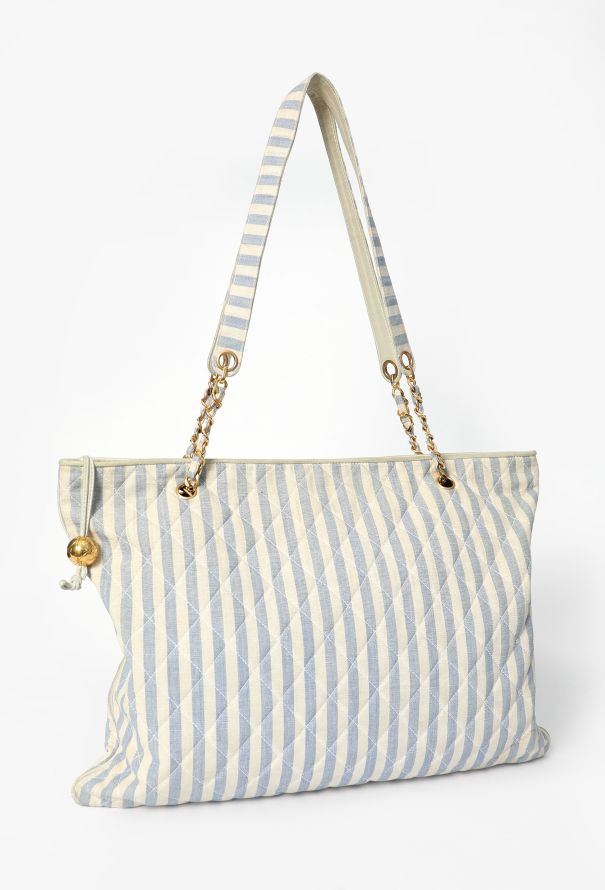 Chanel Vintage Quilted Striped Canvas Tote Bag - 2