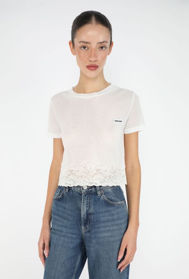 Miu Miu 2025 Cropped Lace Trim T-Shirt - 2