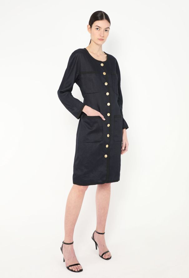 Chanel 1992 Linen Grosgrain Pocket Dress - 3 Chanel 1992 Linen Grosgrain Pocket Dress - 3