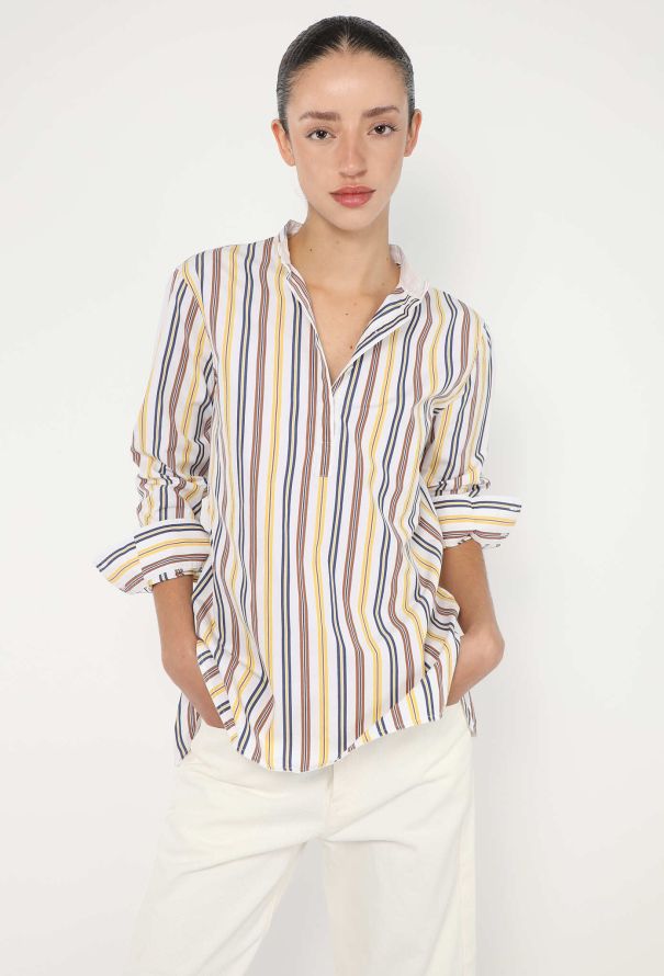 Céline Collarless Striped Cotton Shirt - 1