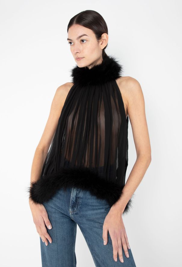 Saint Laurent S/S 2021 Chiffon Feather Trim Top - 1