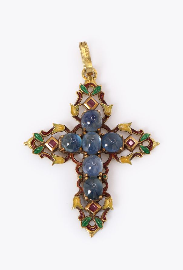 Vintage Fine Jewelry Antique 18k Yellow Gold, Enamel & Sapphire Cross Pendant - 4