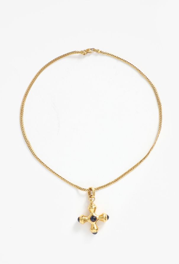 Vintage Fine Jewelry Vintage 18K Yellow Gold & Sapphire Cabochon Greek Cross Necklace - 1
